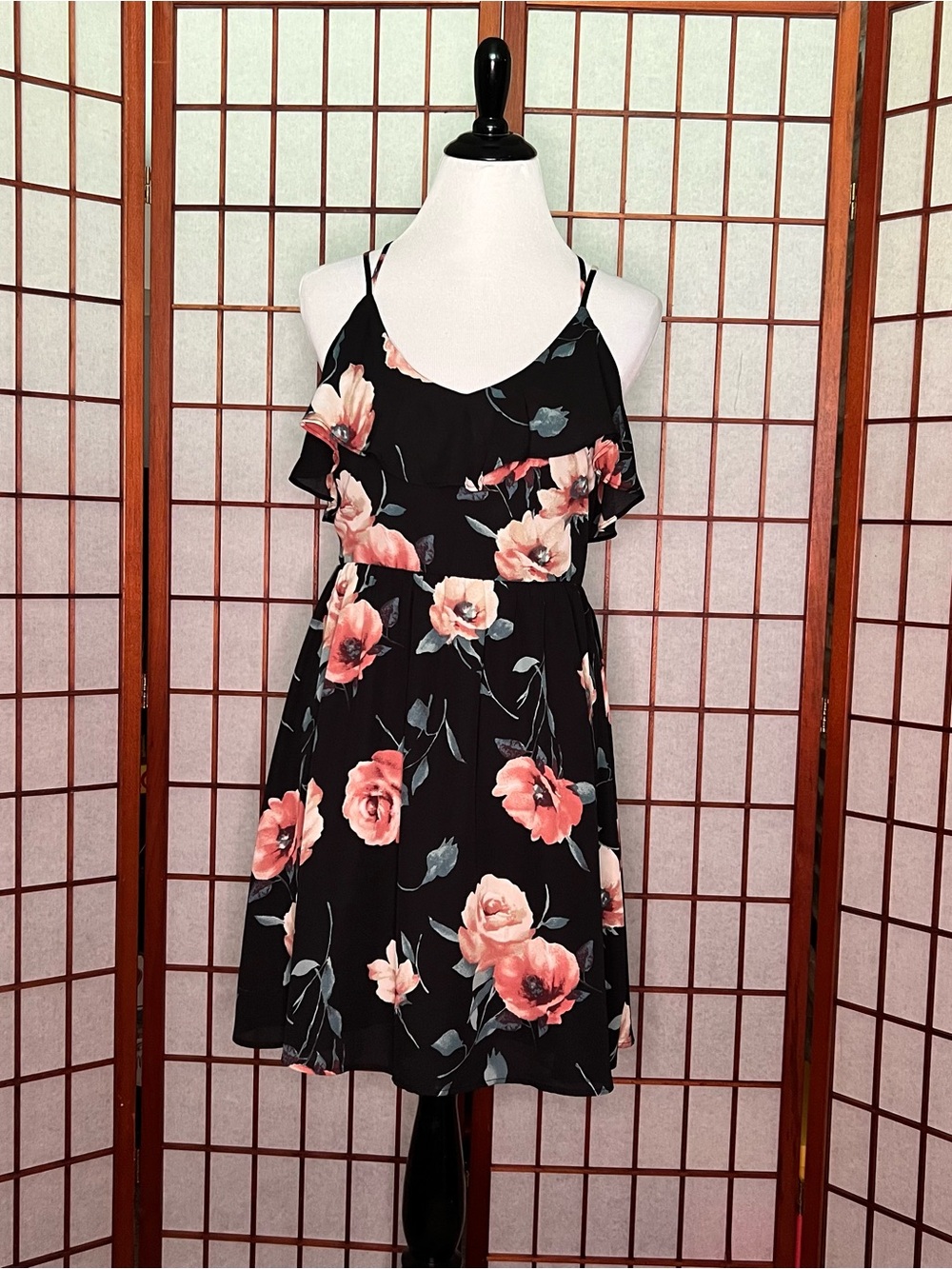 Xhilaration Black Floral Mini Dress with Pink Roses